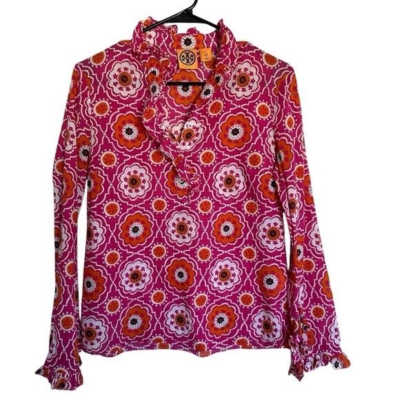 Tory Burch Printed Mock Neck 1/2 Button-Up Long sleeves Ruffle Blouse Size 4 - Picture 1 of 11